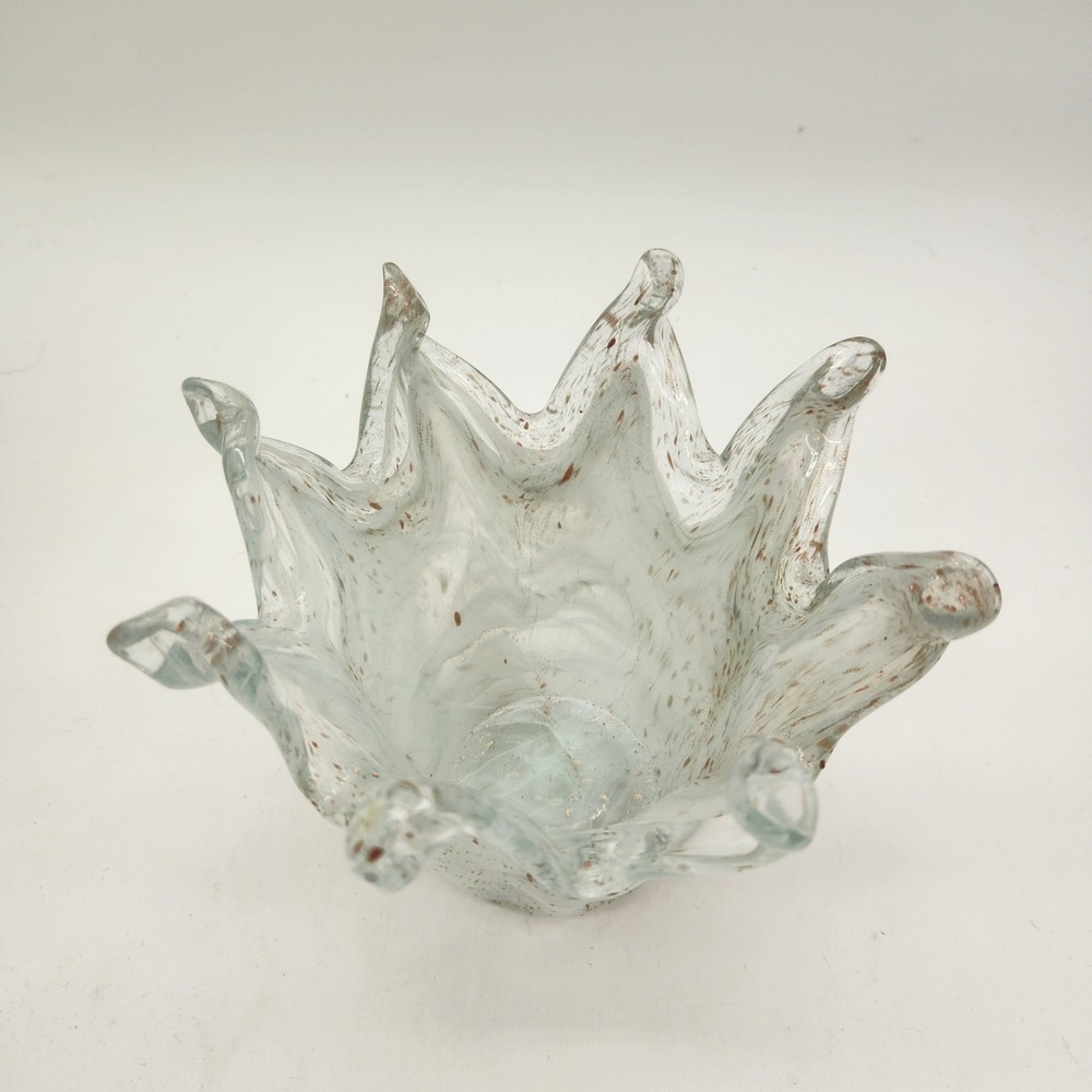 Vintage Hand Blown Splash Vase Clear & White Glass Copper Gold Flecks Aventurine - Picture 6 of 8